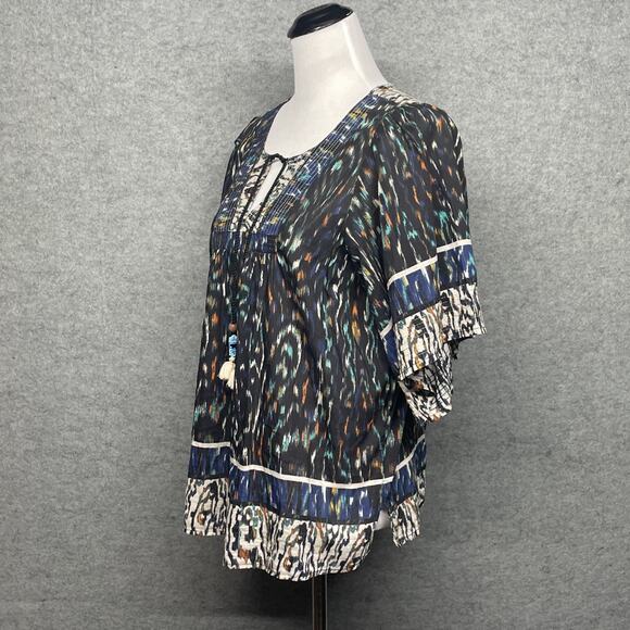 Democracy Womens Large Boho Top Black Multi Colored Beaded Wood Tassel V Neck - Picture 4 of 10